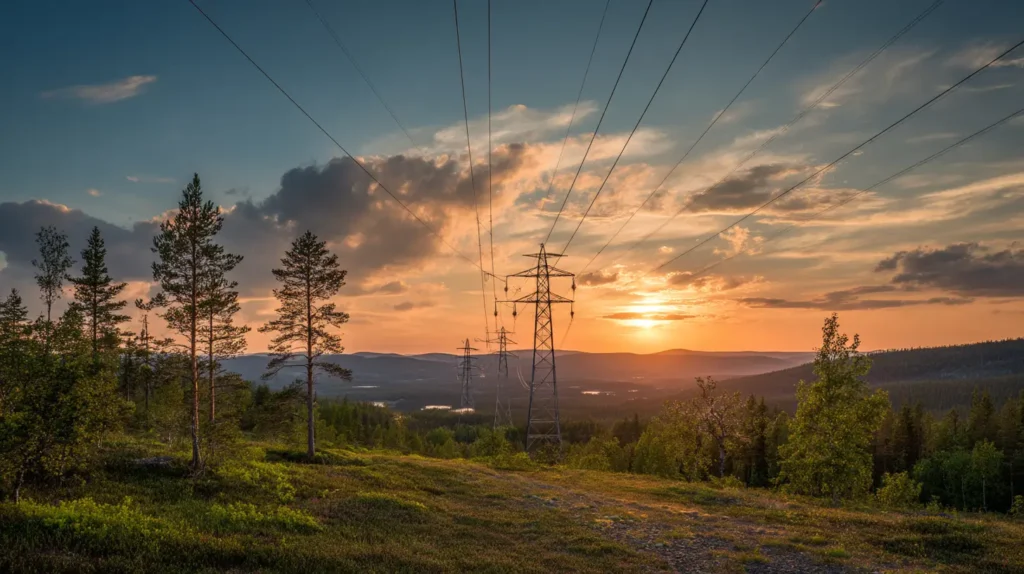 Svensk solnedgång med elledningar och natur – el och energi i Sverige på Elnavet.se